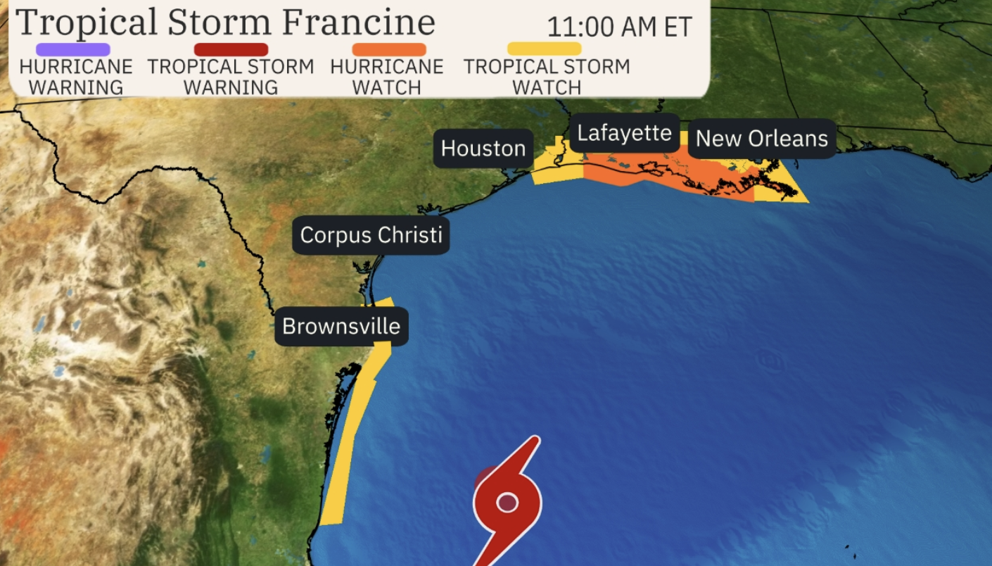 Tropical Storm Francine Forms In The Gulf; Hurricane, Storm Surge Watches Issued